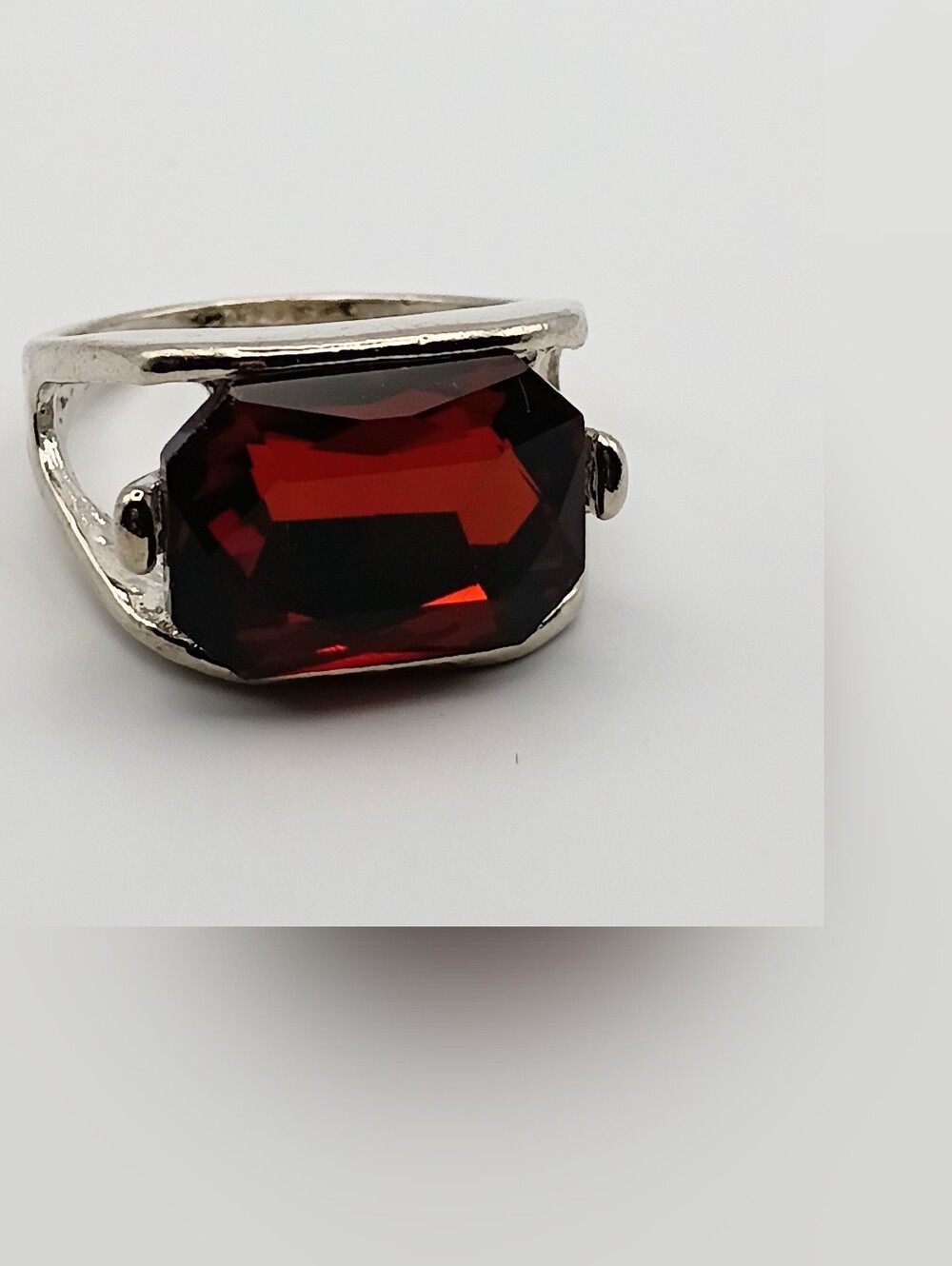 Silver Band Ring with Deep Red Octagon Stone